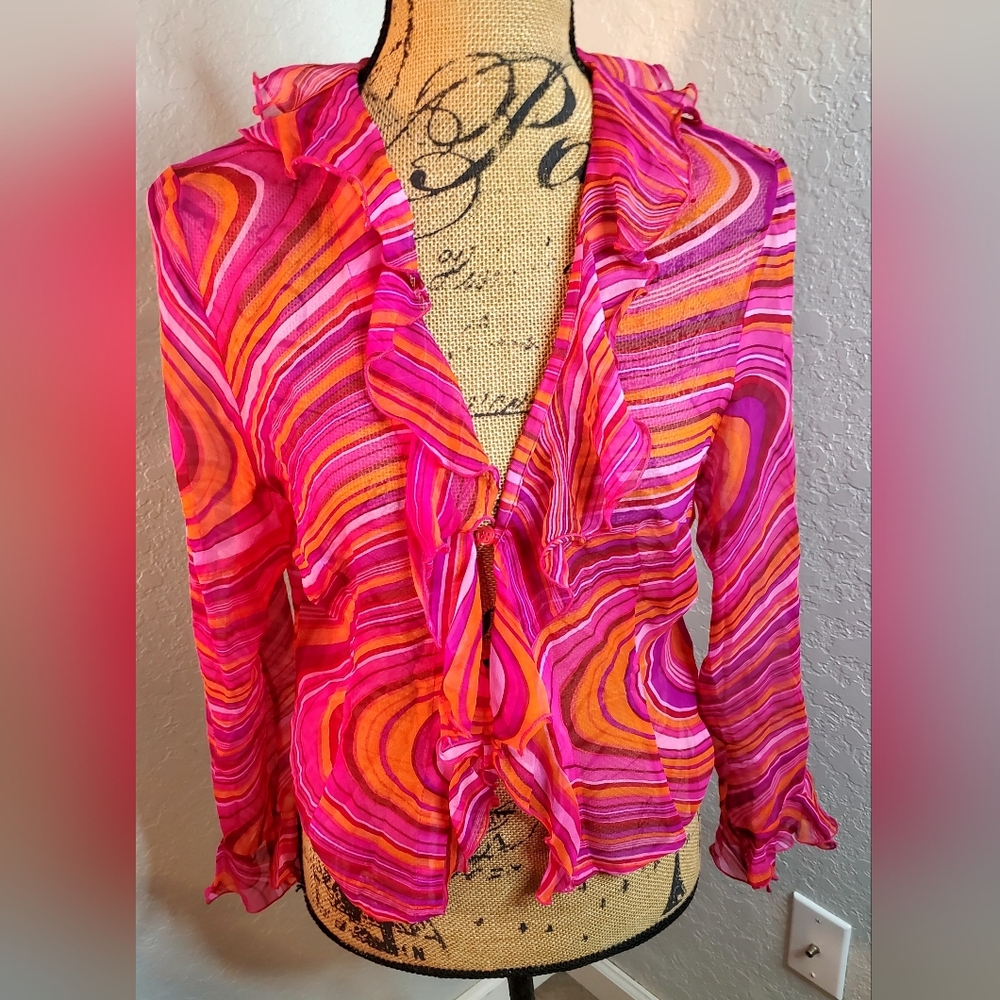 Chic Sheer Swirl Patterned Blouse in Pink and Orange